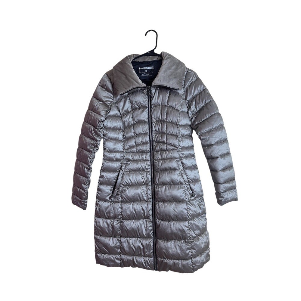 Bernardo Puffer Coat Womens Size S Gray Long Quilted Mock Neck Full Zip